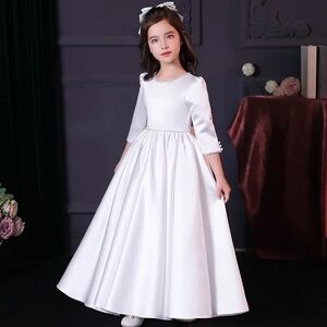 Girl’s First Communion Dress Flower Girl Satin Wedding Host Dress White NWT